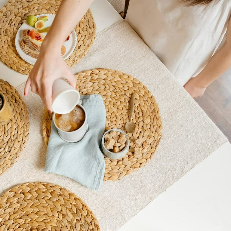 NOGIS Boho Round Woven Placemats Set of 4,Natural Water Hyacinth Weave  Placemat Round Braided Large Woven Placemats Rattan Tablemats for Dinner