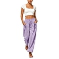 thumbnail image 7 of Women Vertical Striped Wide Leg Ankle Pants, Elastic Drawstring High Rise Loose Cropped Trousers with Functional Side Pockets Lightweight Daily Matching Pants Purple XL(XL), 7 of 7