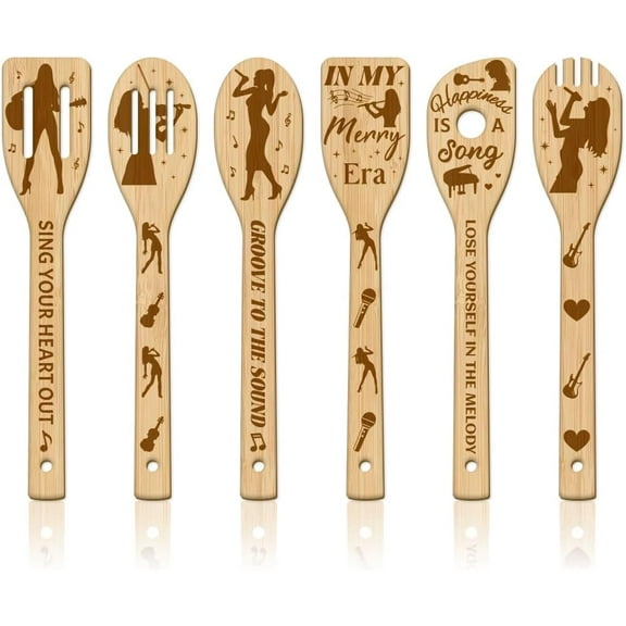 6Pcs Music Woman Bamboo Cooking Utensils Wooden Engraved Cooking Spoons Set Guitar and Notes Carving Kitchen Bamboo Spatula Set Wood Cooking Spoon for Kitchen House Warming Gift BurlyWood