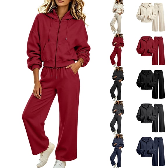 AKOEE Two Piece Tracksuits for Women Long Sleeve Zip Up Cropped Hoodie Jacket and Wide Leg Pant Sweatsuits (XL, Red)