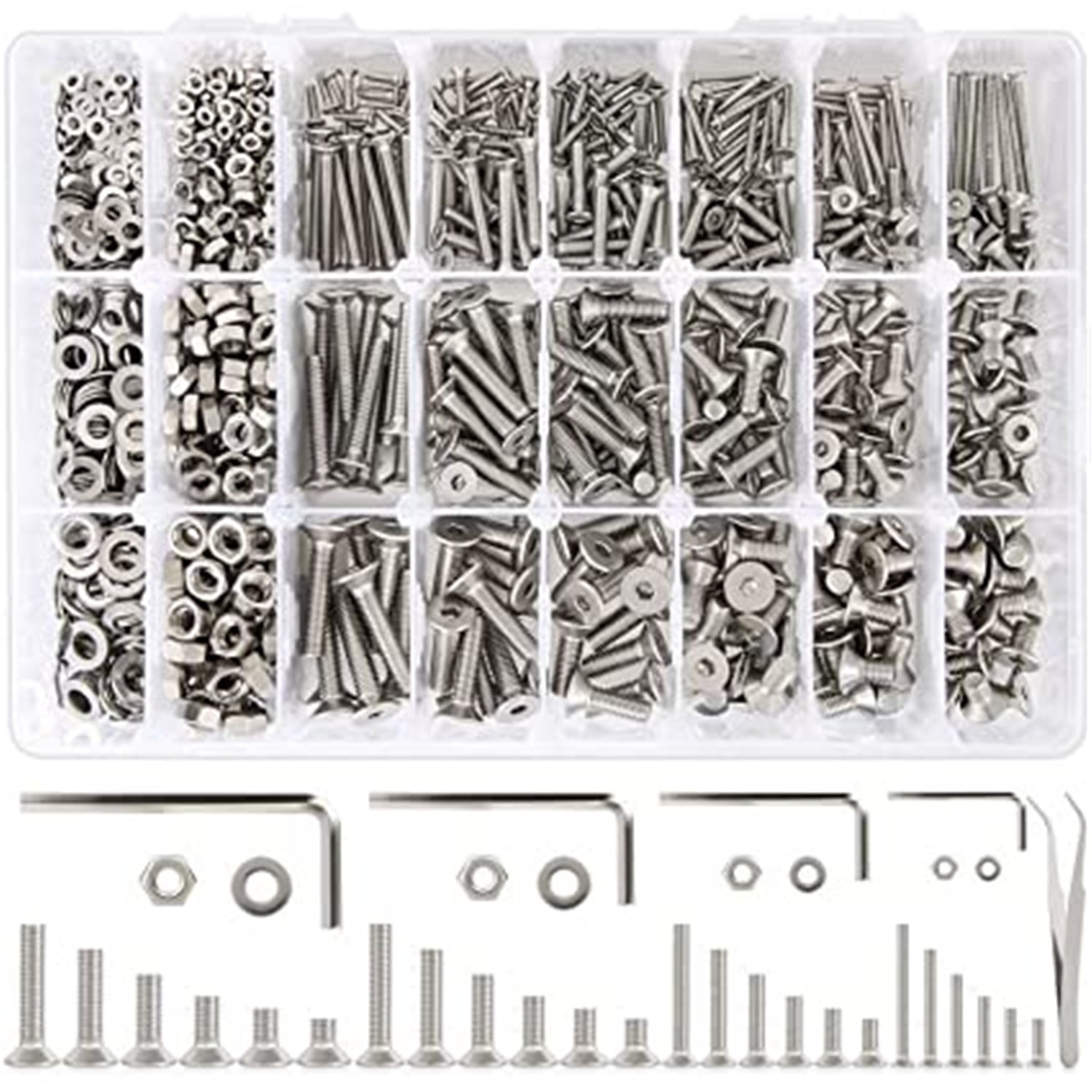 K Kwokker 1255Pcs Hex Socket Flat Head Screw Bolts Nuts Kit, Stainless