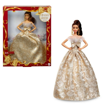 Barbie Signature 2025 Holiday Barbie Fashion Doll, Seasonal Collector, Light Brown Hair with Silver & Gold Gown