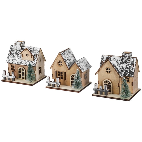 OUNONA 3Pcs Light Brown Christmas Village Houses with LED Lights for Cozy Holiday Home Display