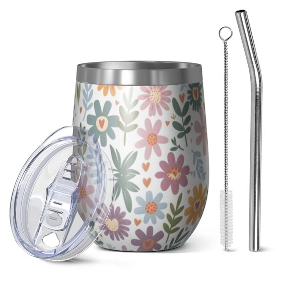 12oz Stemless Wine Tumblers Colorful Daisy Flower Floral Pattern Vacuum Insulated Stainless Steel Travel Tumbler Cups Mug with Lid and Straw for Champaign,Cocktail,Beer with Cleaning Brush