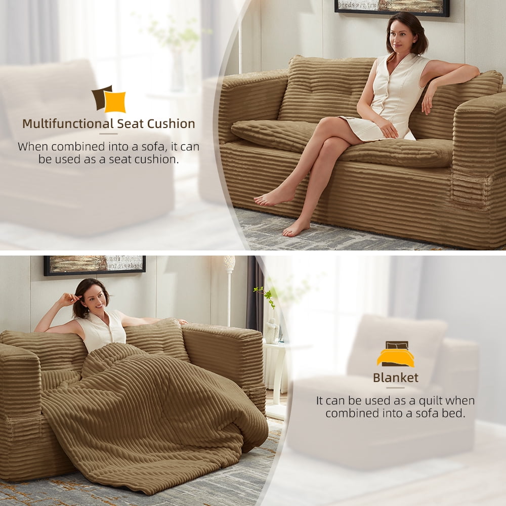 Anpport 80" King Size Convertible Sectional Sofa Bed, Plush Corduroy Deep Seat Couch with Chaise Lounge and Blanket, for Living Room Apartment, Camel