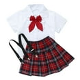 thumbnail image 5 of Alvivi Girls School Uniform Short Sleeve Shirt Plaid A-line Skirt with Suspenders Bowknot Tie Set White 14, 5 of 8