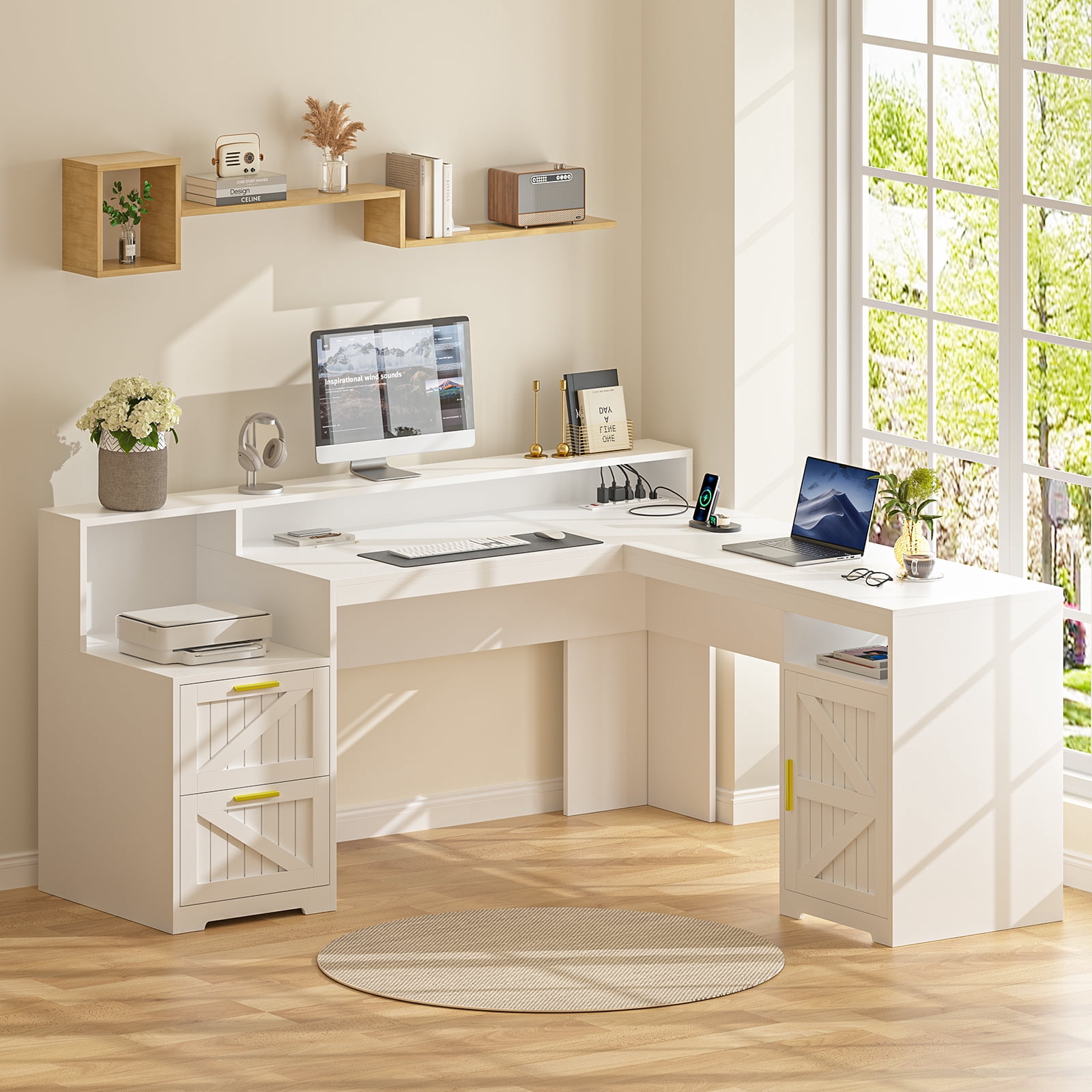63" Farmhouse L Shaped Executive Desk with Drawers & Storage Shelf, Corner Computer Desk with Power Outlets, L Shaped Office Desk with Monitor Stand, Printer Shelf, White