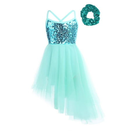 Haitryli Kids Girls Sequin Lyrical Modern Dance Dress Ballet Tutu Leotards with Hair Scrunchie Dancewear Mint Green 4-5