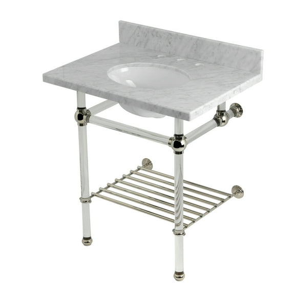 Kingston Brass KVPB30MAB6 Templeton 30" Carrara Marble Console Sink with Acrylic Legs and Shelf (8-Inch, 3-Hole), Carrara Marble White/Polished Nickel
