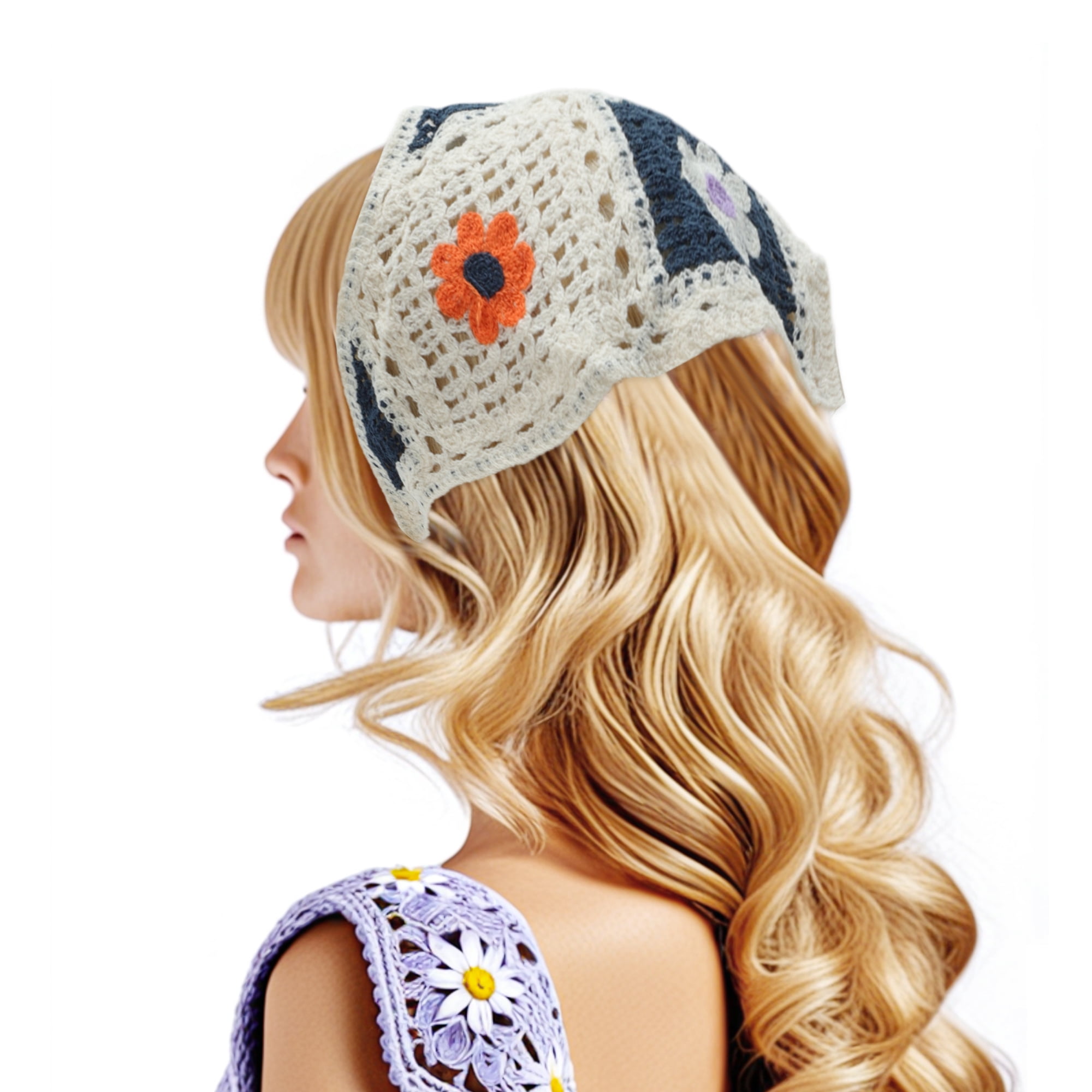 Unique Bargains Elegant Knitted Triangle Bandana 2 Pcs Small Orange Flowers
