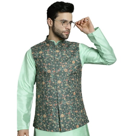 Maple Clothing Men's Sleeveless Modi Jacket Printed Indian High Collar Waistcoat Vest (Olive Green, M)