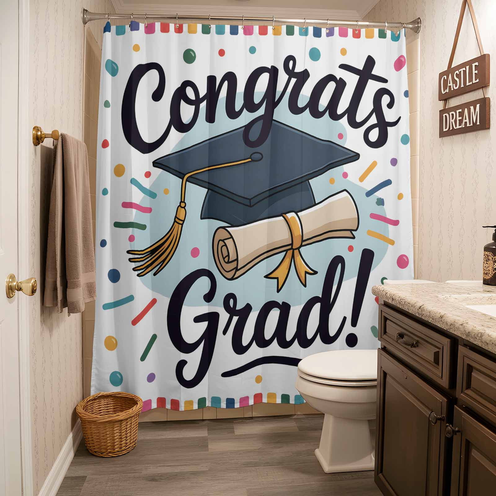 Xipuska Black Blue Graduation Hat Shower Curtain - Water Repellent Fabric Shower Curtains Washable, Funny Words Decorative Polyester Cloth Bathroom Curtains Modern Bath Decor 72"x78"