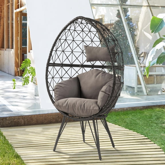 Outdoor Lounge Chair, Modern Wicker with Light Gray Upholstered Cushion | Black Gray | Wicker