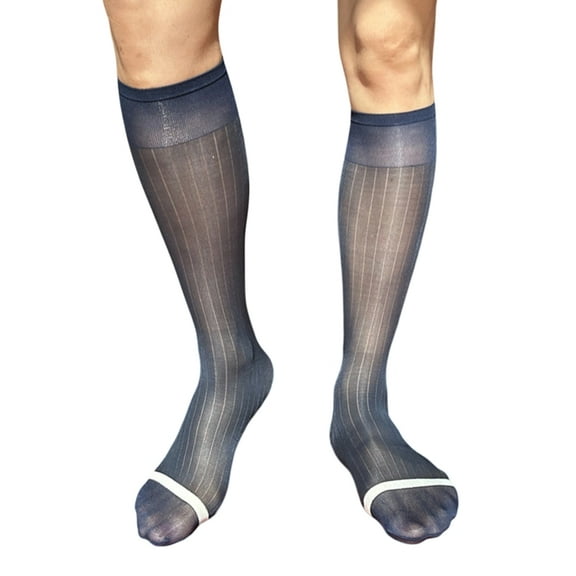 Huhudde Elegant Men's Knee Length Socks with Striped Line Pattern Nylon Dress Socks for Business Outfit and Formal Event Hosiery
