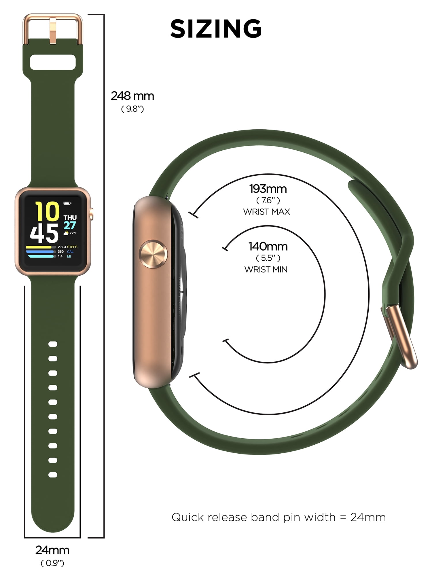iTech Fusion 3 Unisex Adult Rectangular Smart Watch, Green, Silicone Strap