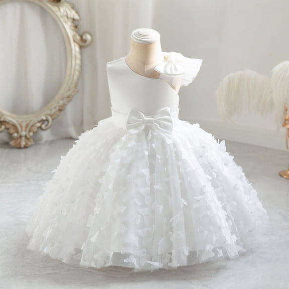 Toddler Baby Girl Butterfly Tutu Dress Bowknot Princess Flower Girl Wedding Pageant Birthday Party Dresses White 110