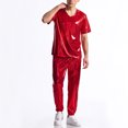 thumbnail image 5 of RYDCOT Men's Metallic Glossy V Neck Short Sleeve T Shirt and Pants 2 Piece Set Jacket Men Straight Leg Trousers Costume for Men Disco Cosplay Party Red, 5 of 7