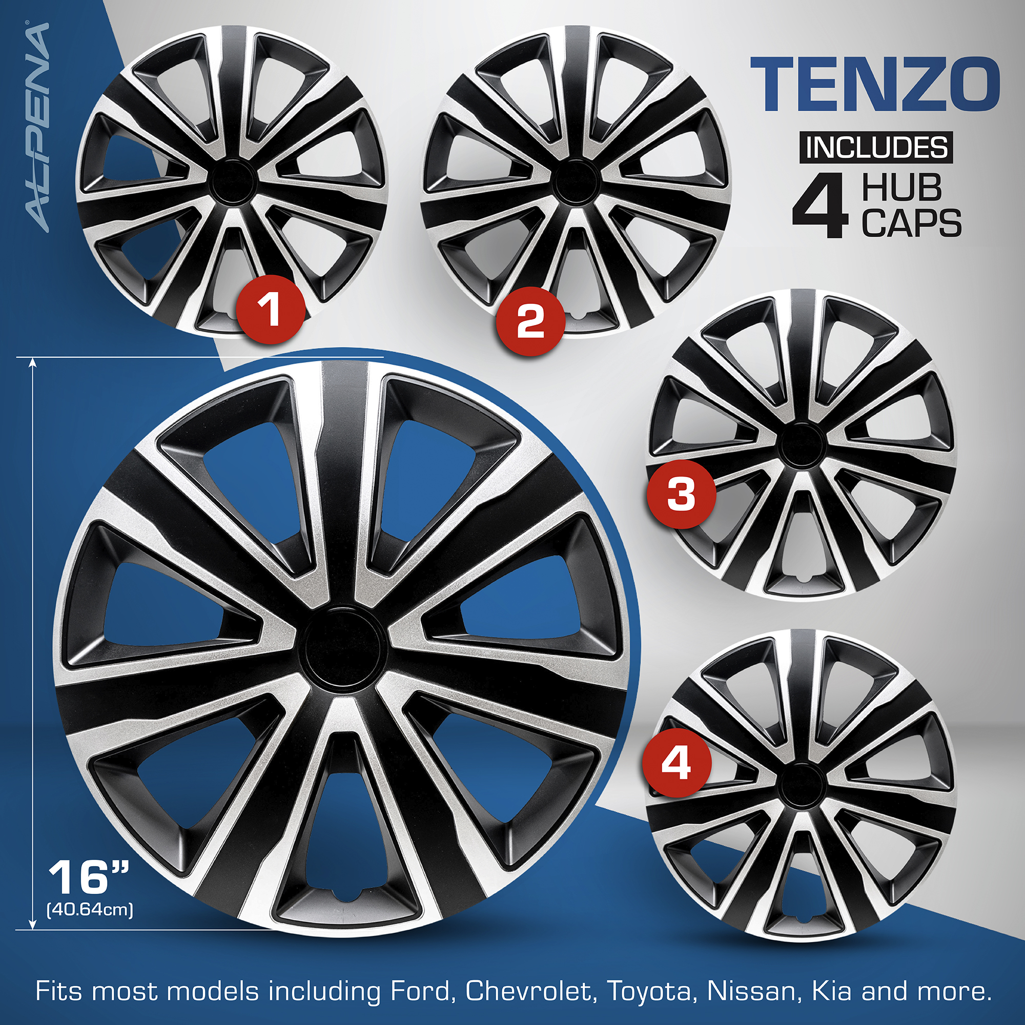 Alpena 16" Axel Wheel Covers, Silver & Black, set of 4