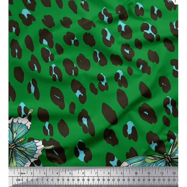 Soimoi Green Silk Fabric Artistic Insect & Leopard Animal Skin Fabric Prints by Yard 42 Inch Wide