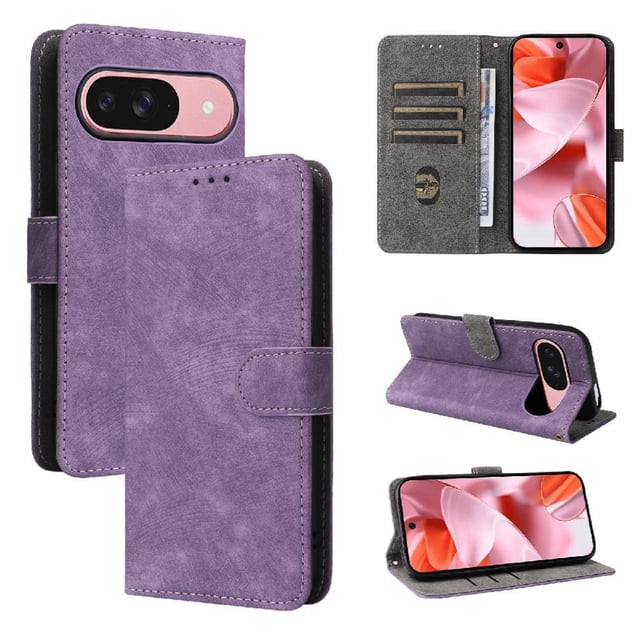 Phone Wallet Case for Google Pixel 10 Pro with Stand - Leather Folio Cover & Card Slots Purple
