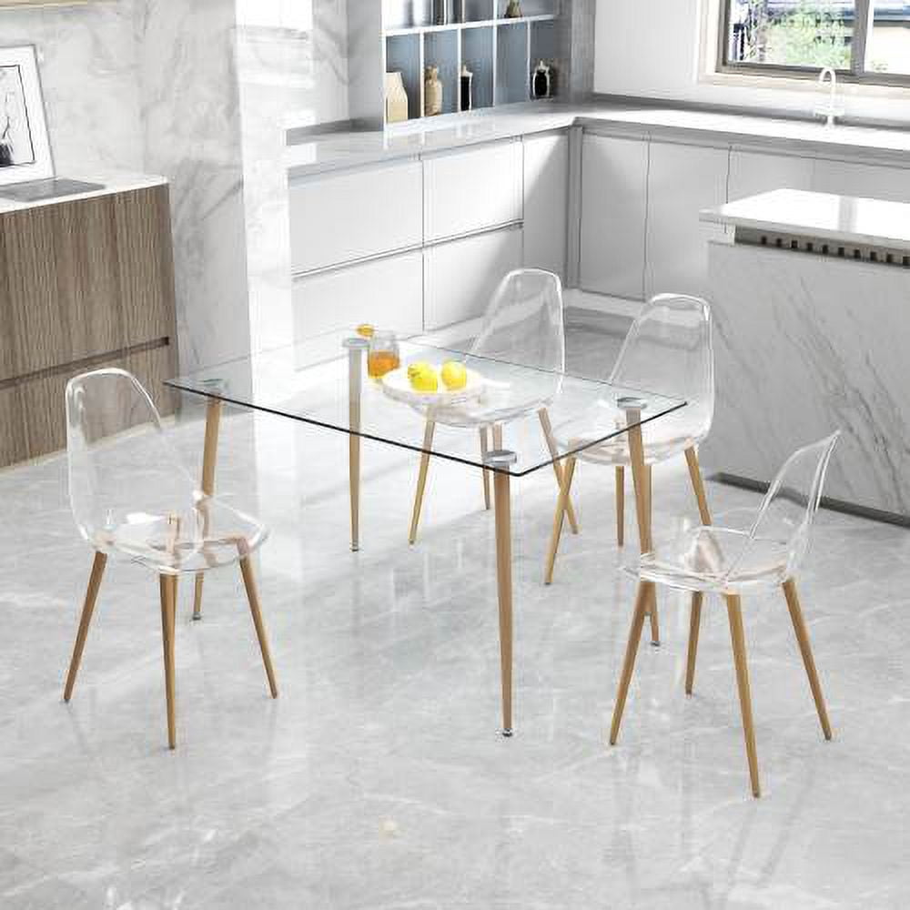 BSHTI Modern simple transparent dining chair plastic chair armless crystal chair Nordic creative makeup stool negotiation chair Set of 4 and wood color metal leg