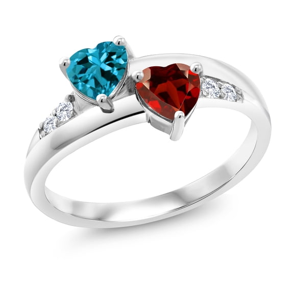 Gem Stone King 925 Sterling Silver Lab Grown Diamond Ring Heart Shape London Blue Topaz Garnet (Size 5)