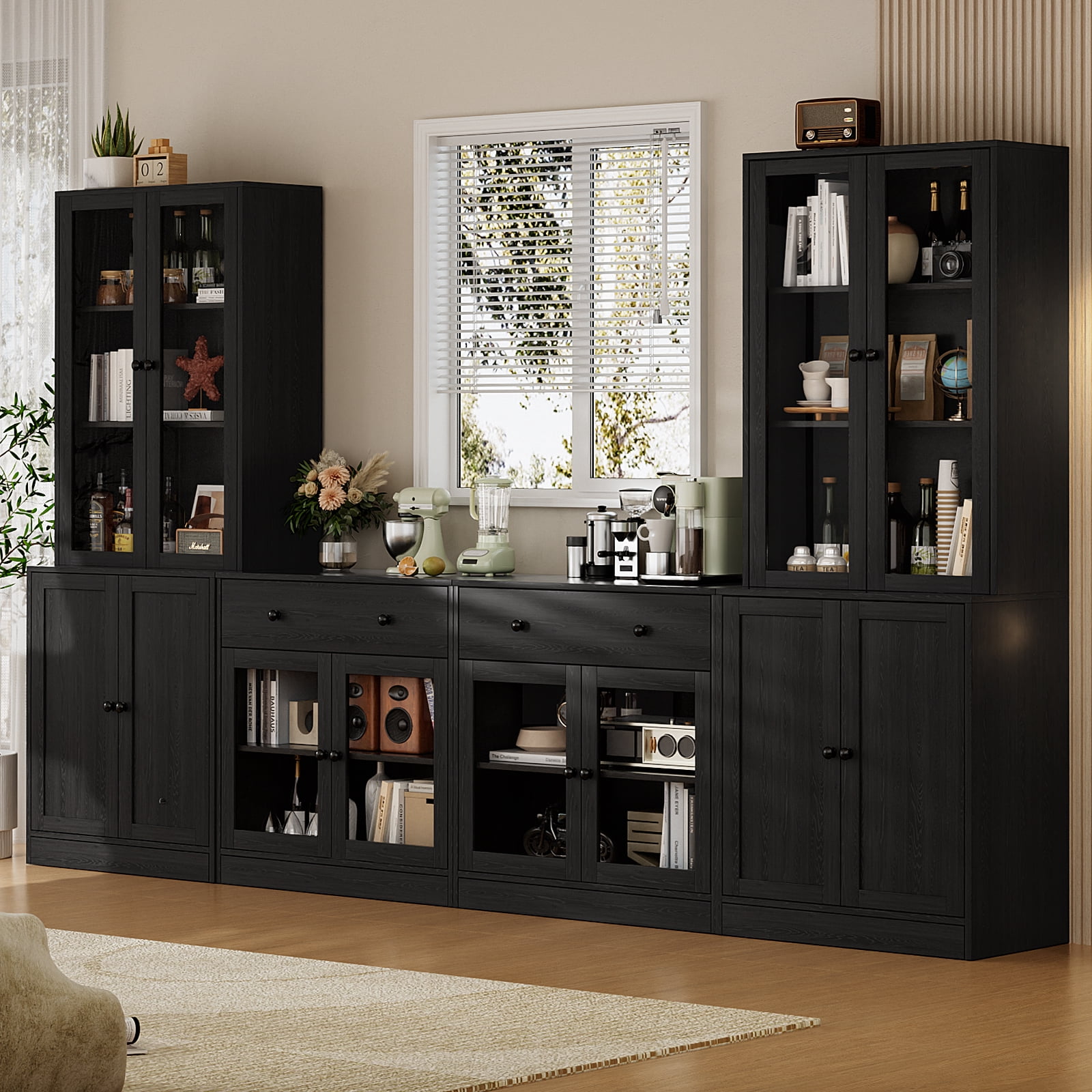 RichYa 4Pcs Kitchen Pantry Storage Cabinet,Modular Furniture Cabinets with Display Glass Doors,Hutch Buffet Cabinet with Drawers for Dining Room,Black