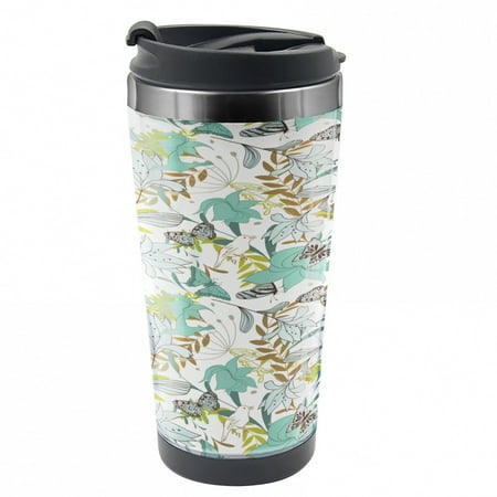

Floral Travel Mug Flying Birds Butterflies Steel Thermal Cup 16 oz by Ambesonne