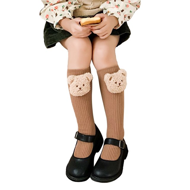 Calcetines para niñas, medias hasta la rodilla, calcetines cálidos de algodón con animales de dibujos animados, calcetines de algodón para niños, talla única, diseño de oso de peluche, Color café