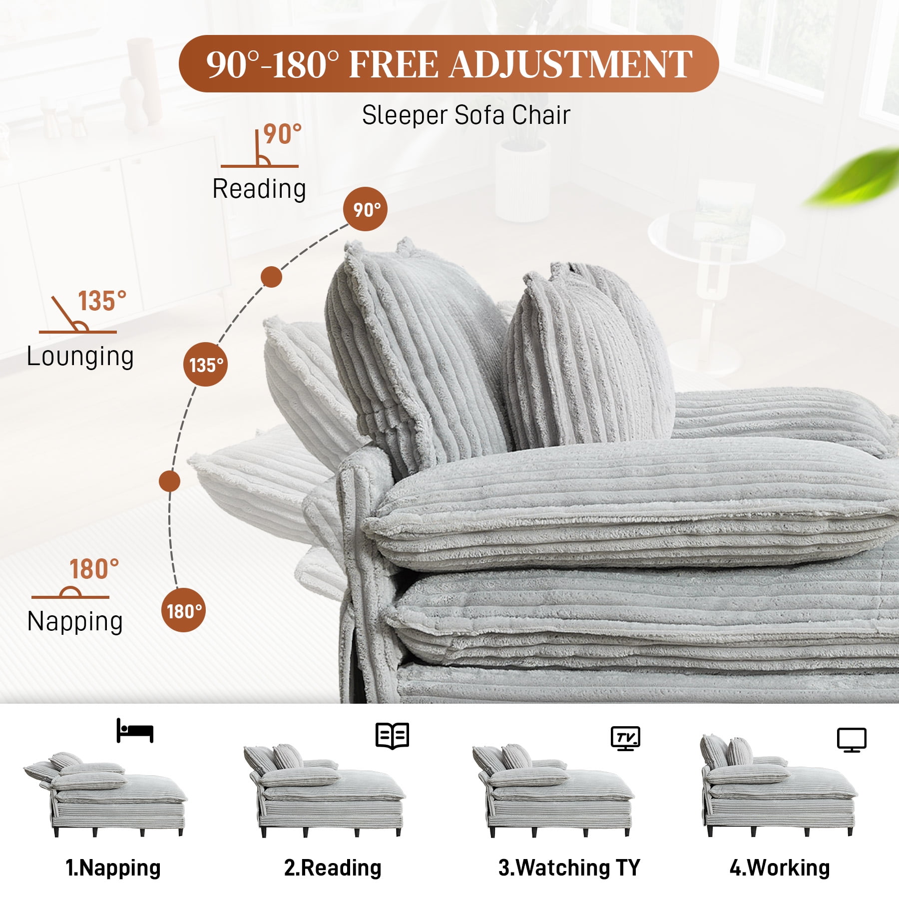 Rophefx Oversized Chaise Lounge with Adjustable Backrest,54.8" Cloud Sofa Bed with Deep Seat for Living Room,Grey