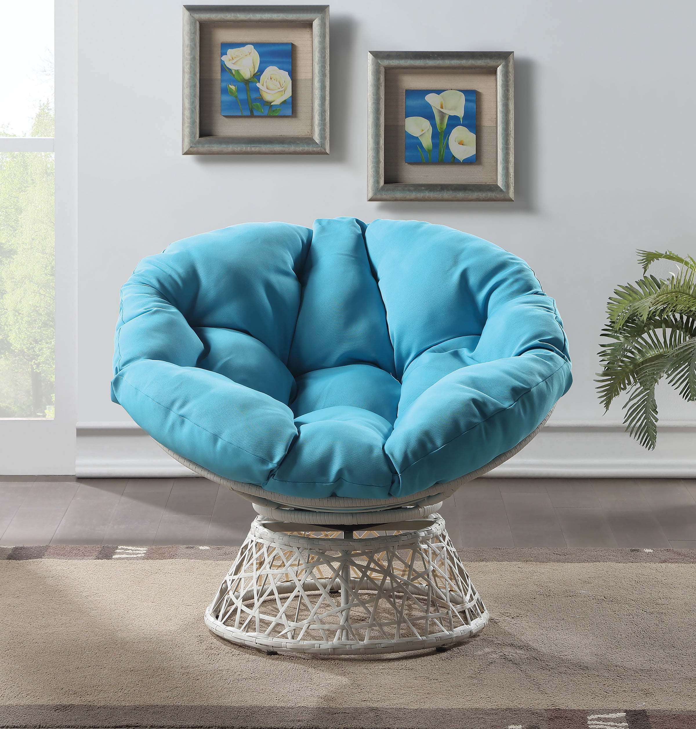 Office Star Products Papasan Chair with Round Pillow Cushion and Cream Wicker Weave Light Blue