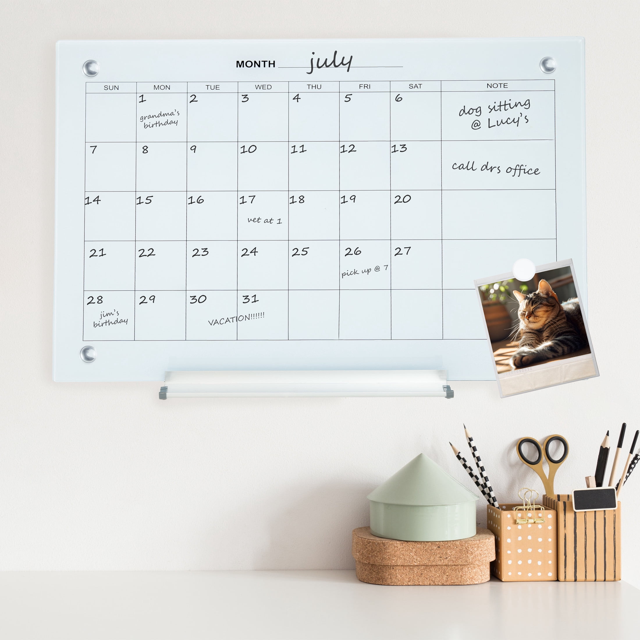 Sunnydaze Glass Calendar Dry Erase Board for Wall, 23" x 17" (White)