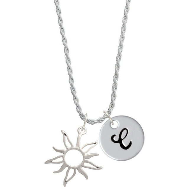 Delight Jewelry Silvertone Open Design Sun Silvertone Script Initial Disc - C - Charm Necklace, 20"+3"