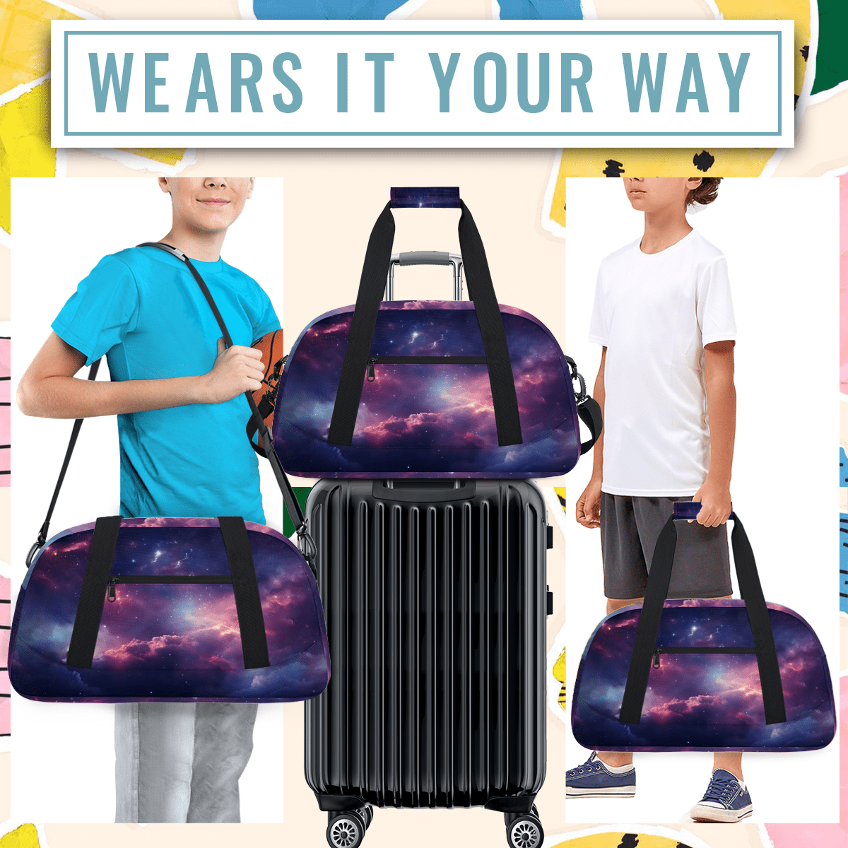 Herdesigns Galaxy Nebula Sports Duffle Bag for Women & Men, Starry Sky Space Universe Gym Bag Dance Bag Overnight Bag Carry On Weekender Travel Bag