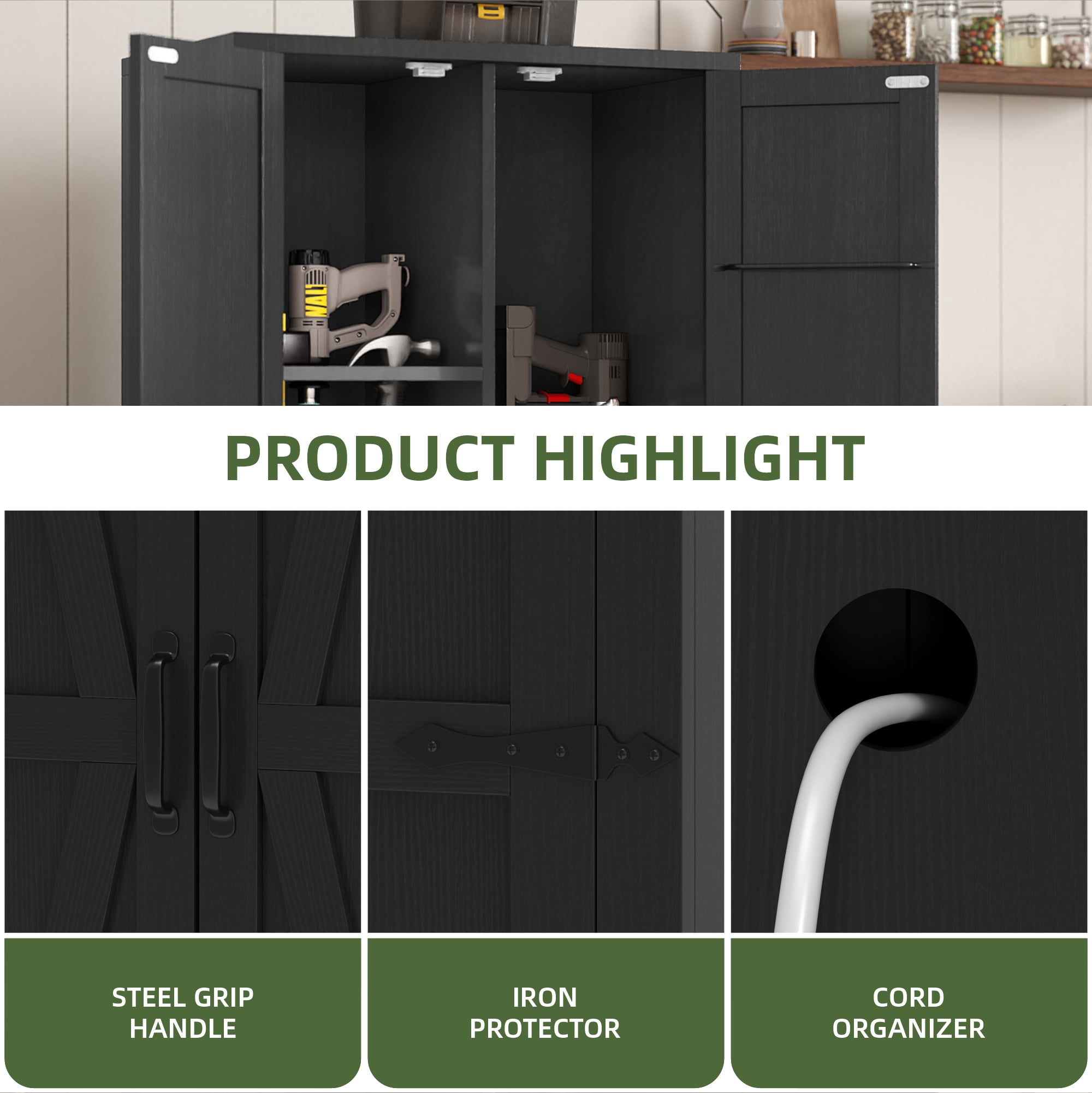 Uforic Utility Storage Cabinet, 55" Tall Wooden Cabinet with Shelves for Kitchen, Office, Garage - Black