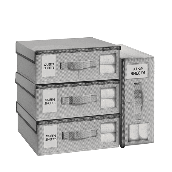 Merryhome 4Pack Bed Sheet Organizer and Storage, Foldable Linen Closet Organizer and Storage with Window,Sheet Storage Organizer for Bedsheets,Blankets and Towel,Duvet Covers (Gray)