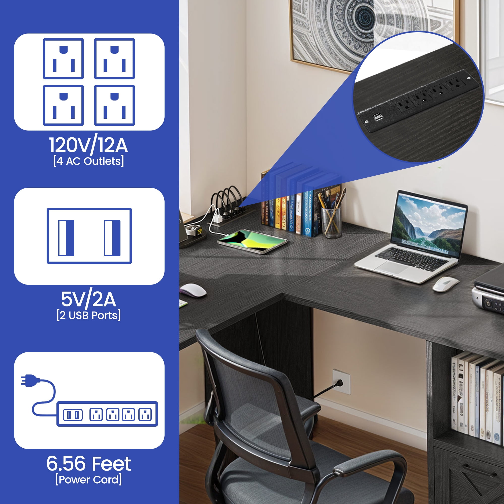 ModFusion 59 Inch L Shaped Corner Computer Desk with Power Outlets & USB Ports, Office Desk with File Drawer, Monitor Stand & Storage Shelves, Black