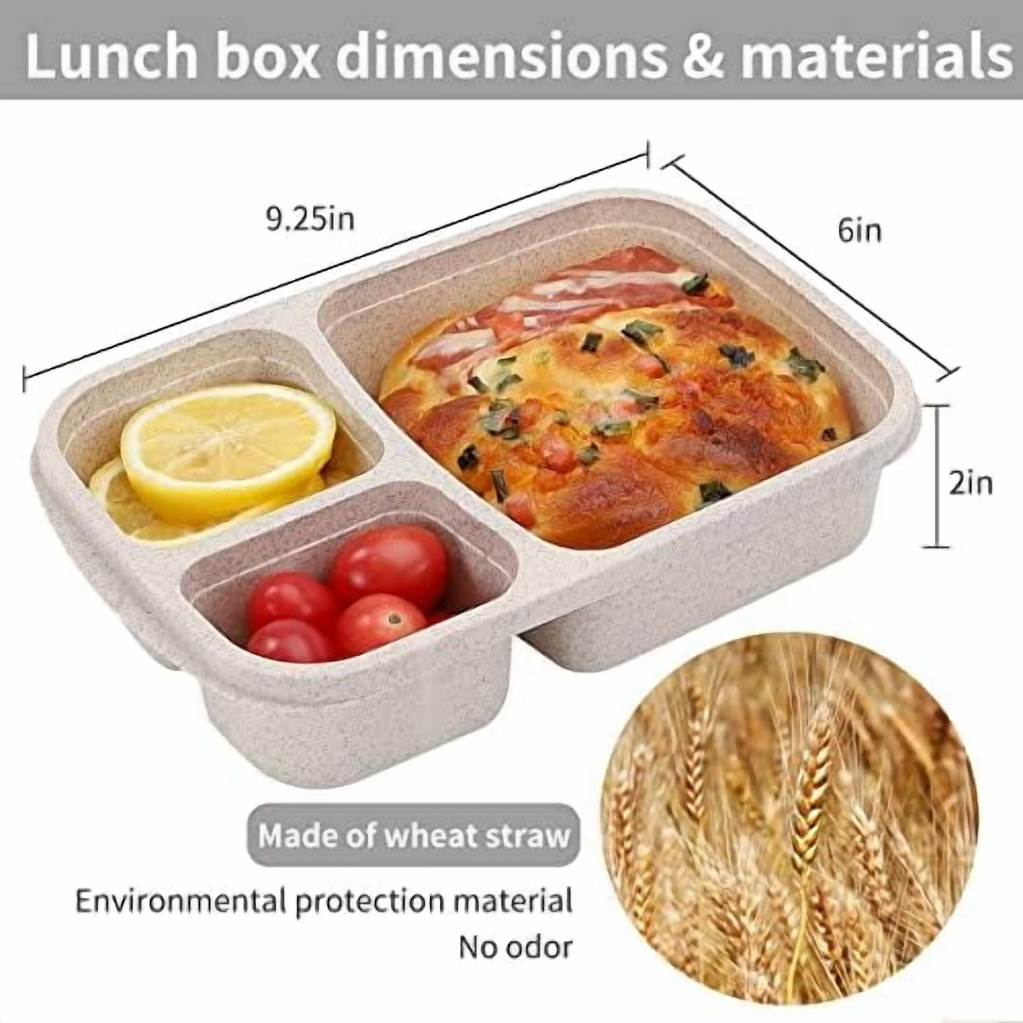 4 Pack Bento Lunch Box Set 3 Compartment Food Storage Containers Wheat Straw Meal Prep Lunch Box Plastic Food Storage Containers, Microwave and Dishwasher Safe (light colour)