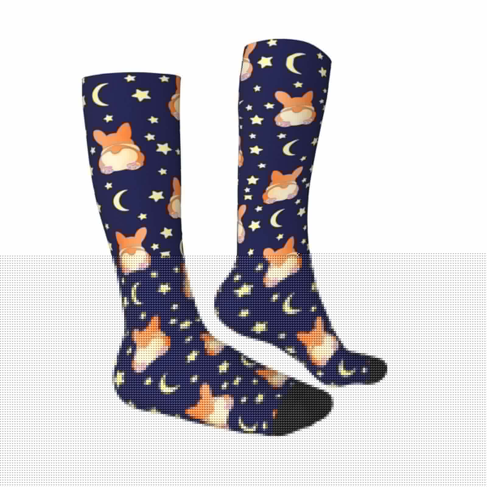 thumbnail image 3 of Picia Women Crew Soft Moisture-wicking Socks Corgi Lying With Moons And Stars Pattern Design Cotton Socks, One Size fit All, 3 of 9
