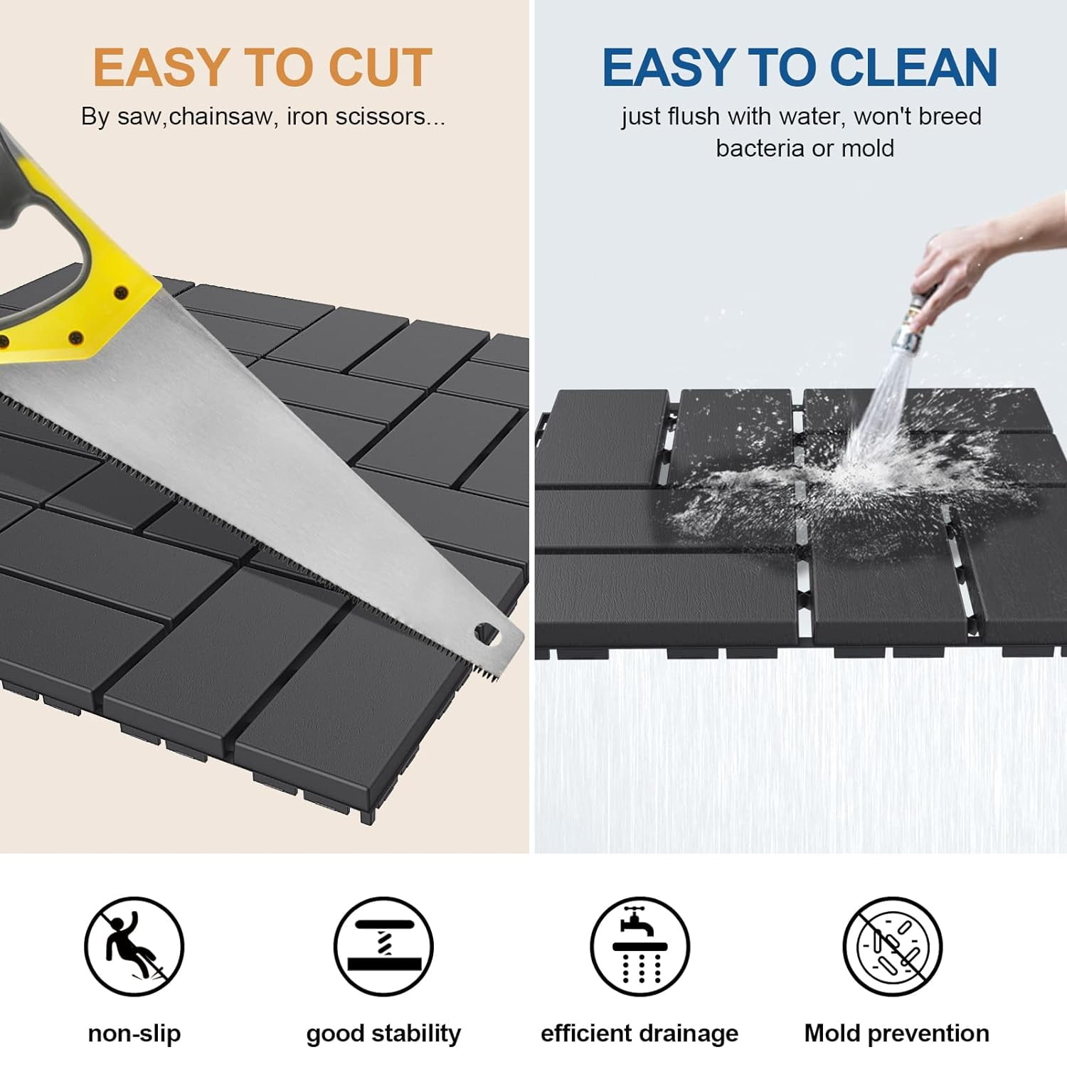 Miniyam Interlocking Deck Tiles, 44 Packs 11.8"x11.8" Waterproof Patio Floor Decking Tiles for Porch Poolside Balcony Backyard, All Weather Use, Gray(Overlapping)