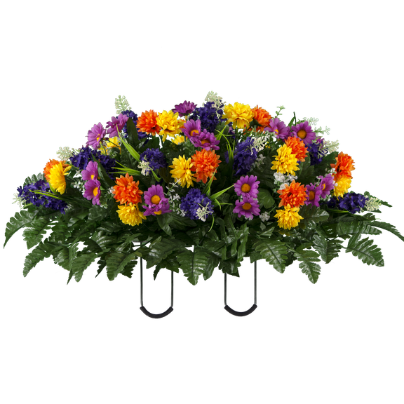 Sympathy Silks Artificial Cemetery Flowers - Purple Violet Yellow Wildflower Mix - Outdoor Saddle for Headstone