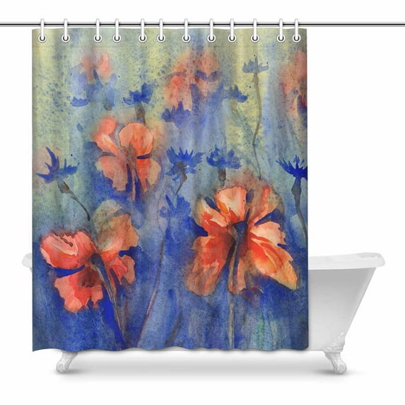SUNENAT Poppies And Cornflowers In The Rain Watercolor Summer Field Waterproof Shower Curtain, Bathroom 60(Wide) x 72(Height) Inches