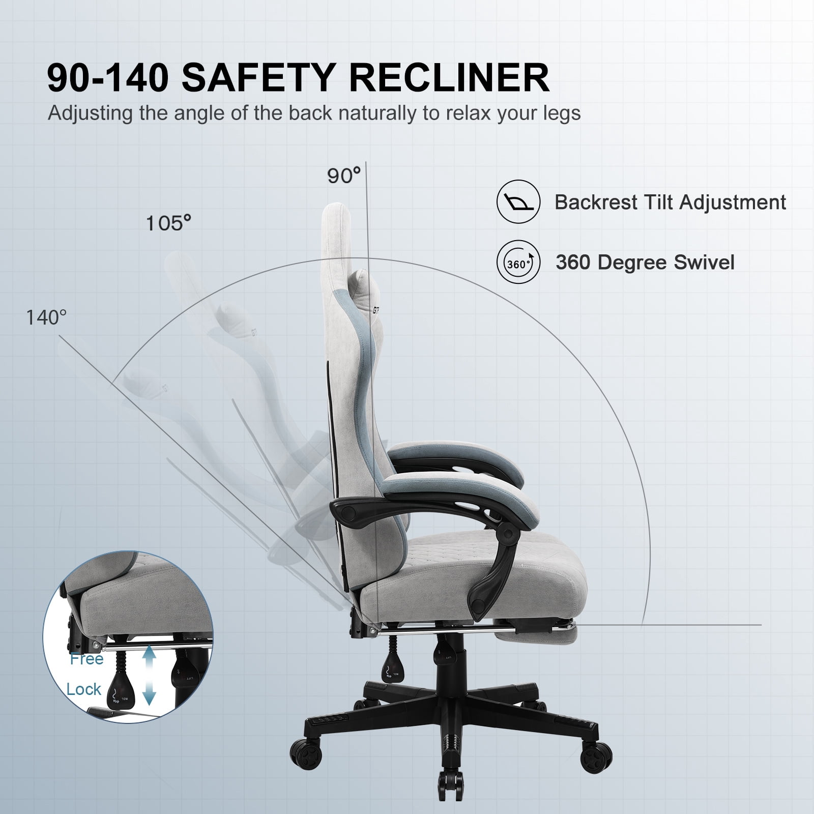 GTPLAYER Ergonomic Pocket Spring Cushion Gaming Chair with Footrest and Linkage Armrests, Gray