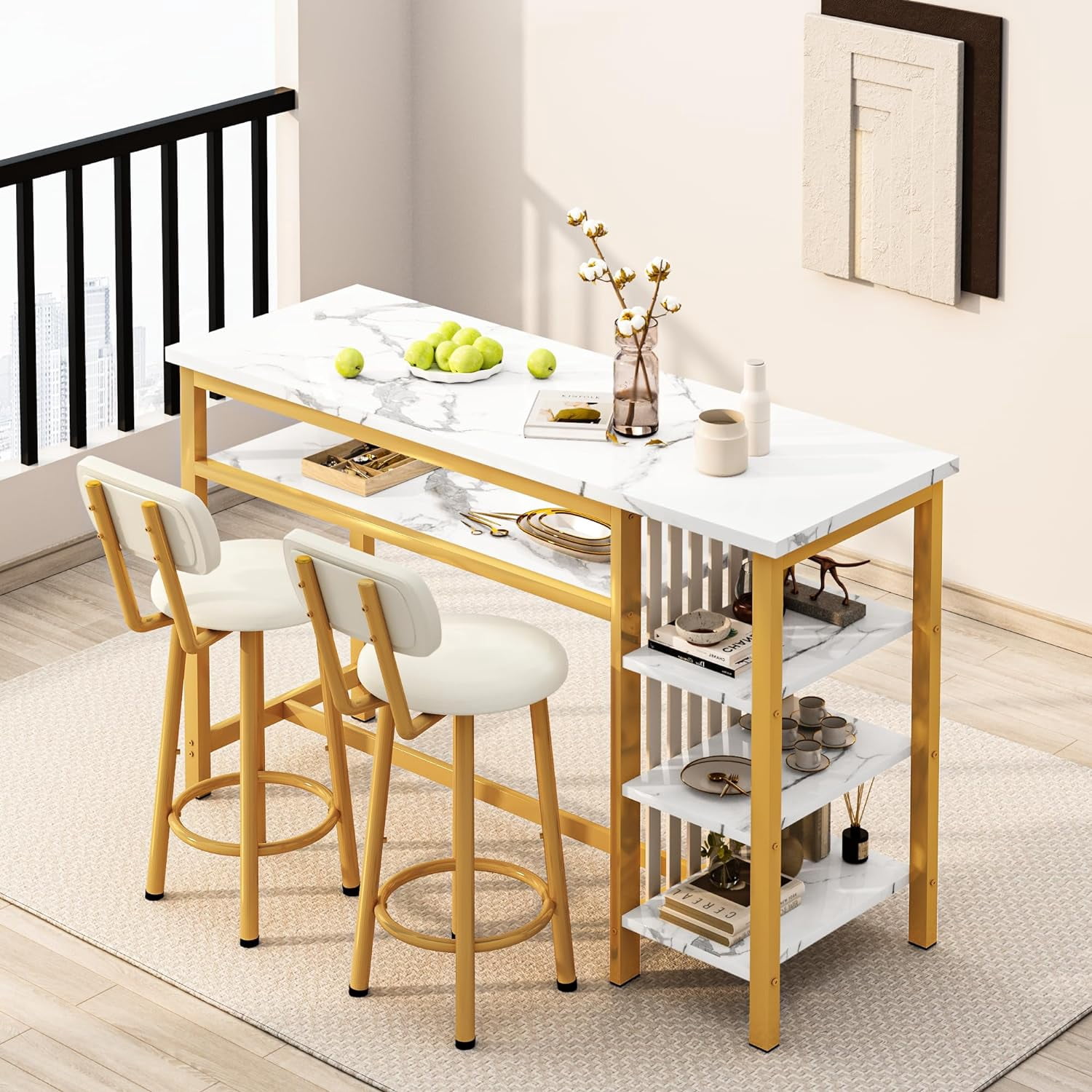 LinkRomat Bar Table and Chairs Set for 2, Marble Kitchen Island Table with 2 PU Bar Stools, Tall Kitchen Table and Chairs with Storage for Small Spaces, Home & Apartment, Gold