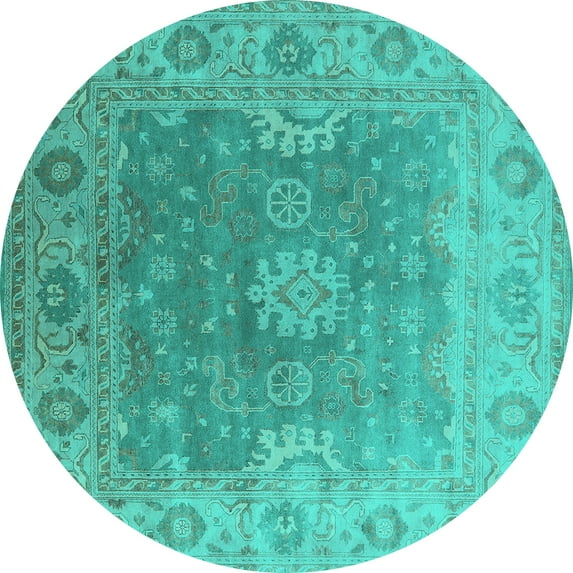 Ahgly Company Machine Washable Indoor Round Oriental Turquoise Blue Industrial Area Rugs, 8' Round