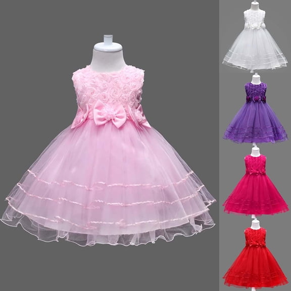 Trendfront Girls Princess Dress Crew Neck Sleeveless Solid Color Sweet Bowknot Flower Elegant Tulle Tutu Gown Party Wear