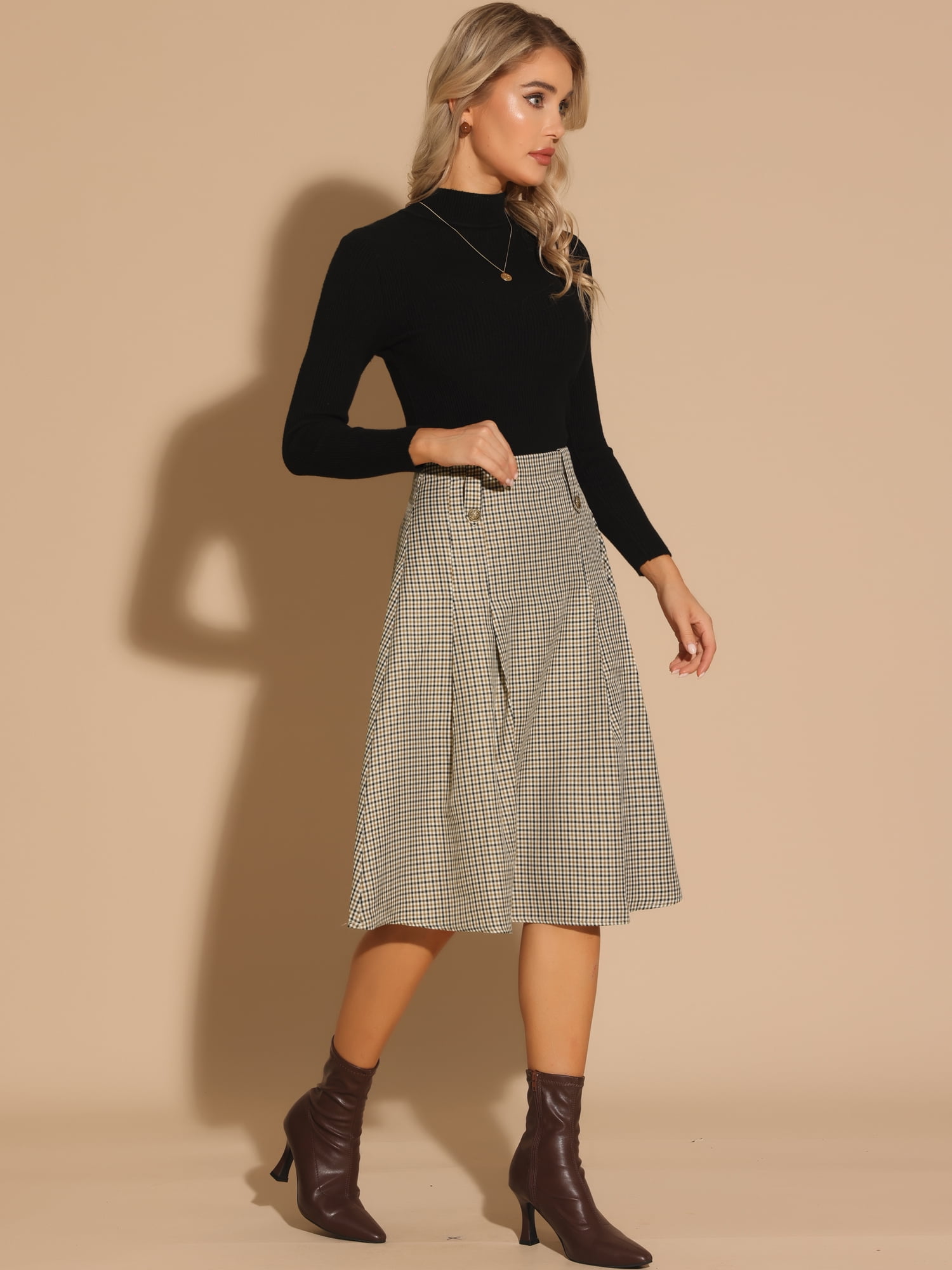 DARING DIVA Women's Vintage Plaid Pleated A-Line Midi Skirt S Brown