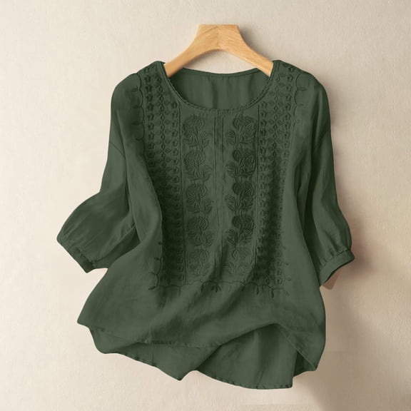 Endives Women's Embroidered Tops Solid Color Pleated Cotton Linen Shirts Blouse Spring Summer