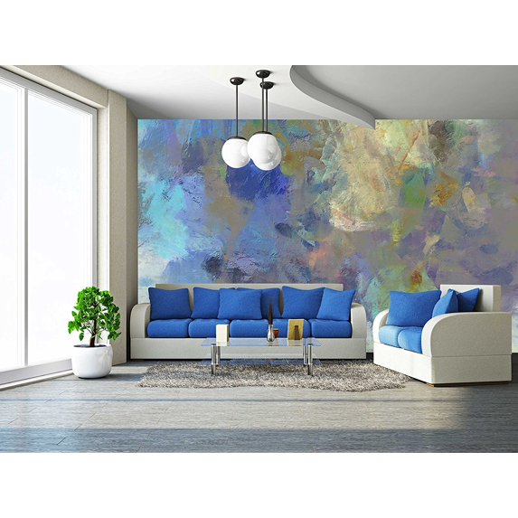 wall26 - Art Abstract Acrylic Blue Background with Beige and Violet Blots - Removable Wall Mural | Self-adhesive Large Wallpaper - 100x144 inches