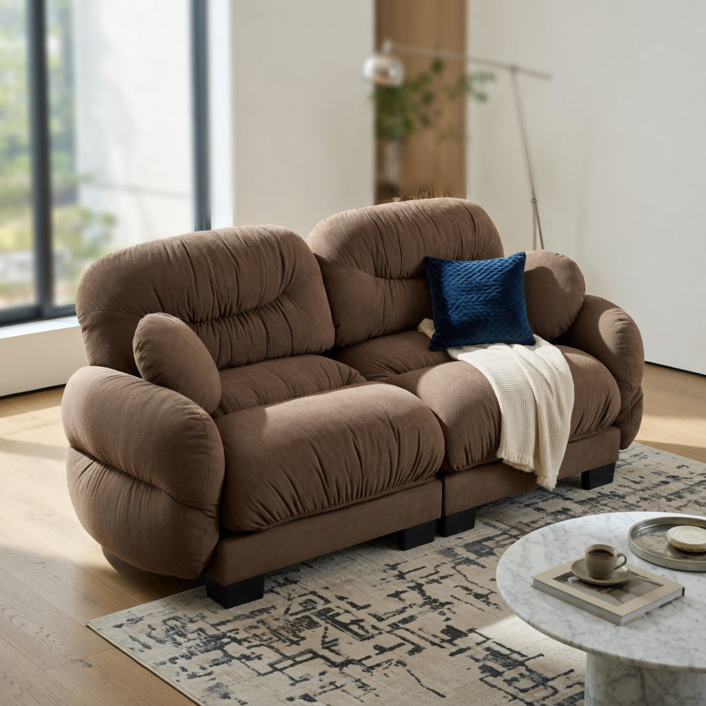 Hommoo 2-Seater Modular Chenille Sofa, Pleated Back Design, Ergonomic High-Density Foam, Curved Armrests & 2 Throw Pillows, Brown